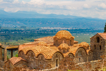 The church of Agia Sophia (1290 A.D.) in old byzantine medieval town Mystras, Peloponesse, Greece
