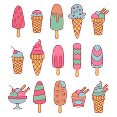 Ice cream doodle icons vector set