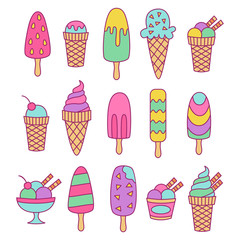 Ice cream doodle colorful icons vector set