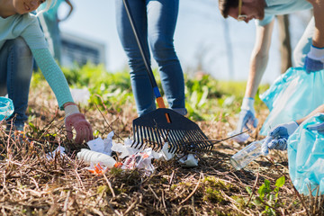 volunteers with garbage bags cleaning park area