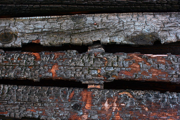 Texture of a burned-out wall of wooden planks in ashes