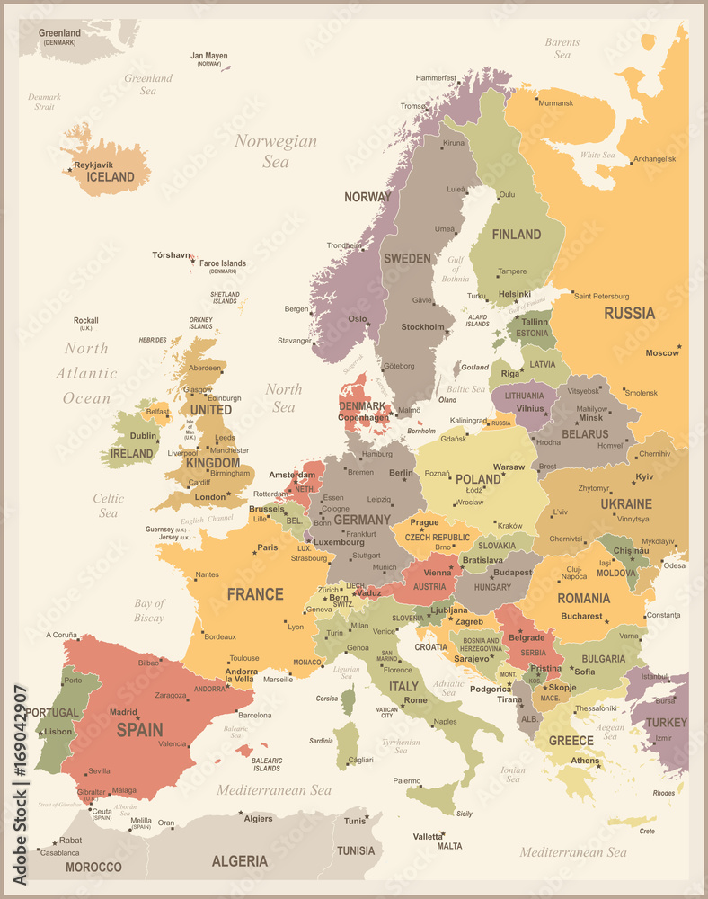 Wall mural europe map - vintage vector illustration