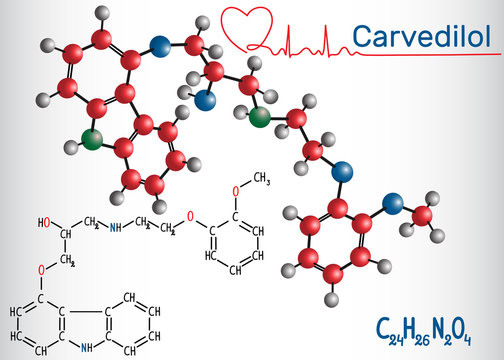 Carvedilol molecule - structural chemical formula and model. Drug used as Beta blocker for treating congestive heart failure
