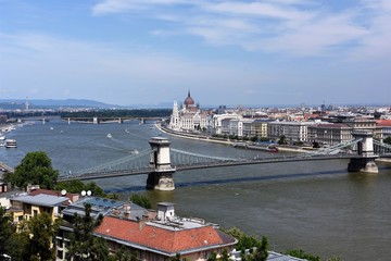 Budapest Cityscape showing Chain Bridge over the Danube and Parliament in background