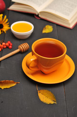 Autumn still life cup of tea, honey and book on the table