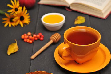 Fototapeta na wymiar Autumn still life cup of tea, honey and book on the table