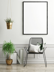 Chair, plants and mock up poster on light green wall, 3d illustration