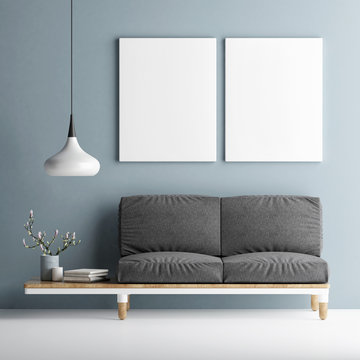 Sofa with two mock up posters on blue wall, 3d illustration