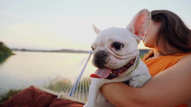 Young couple lying on a hammock with a dog. Feeling happy, smiling. Stroke the dog Near the lake