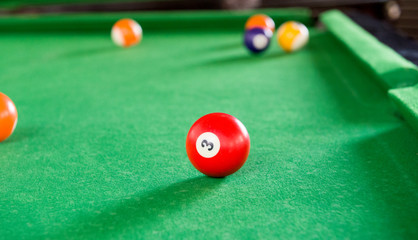 Billiard balls composition on green pool table