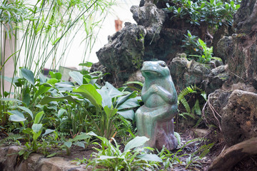Sitting Frog statue in the garden of a temple in vietnam