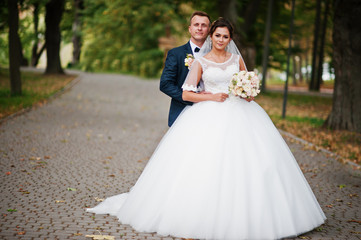 Good-looking newly married couple walking and enjoying each other's company in the park on a bright and sunny wedding day.