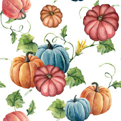 Watercolor bright pumpkin seamless pattern. Hand painted pumpkin ornament with flower, leaves and branch isolated on white background. Botanical illustration for design and fabric. Halloween print.