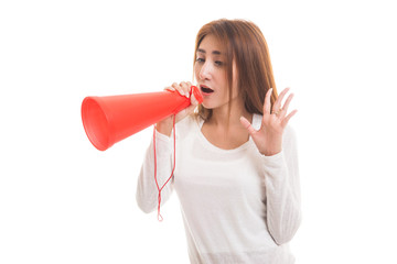 Beautiful young Asian woman announce with megaphone.