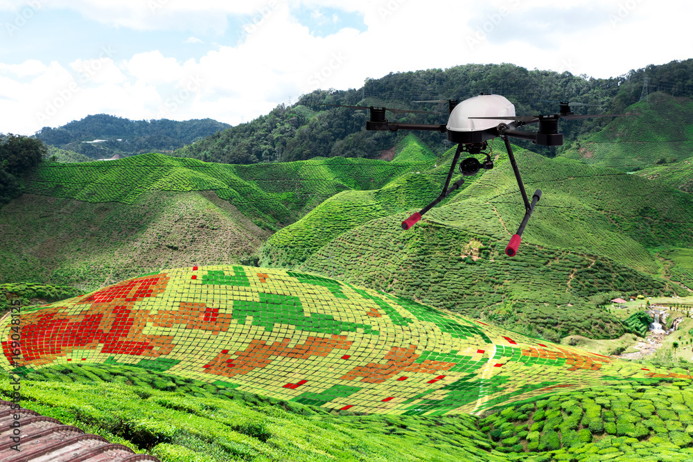 Sticker Smart agriculture , farm , precision farming concept. Drone and NIR images application screen used to create field health maps for normalize difference vegetation index in field.