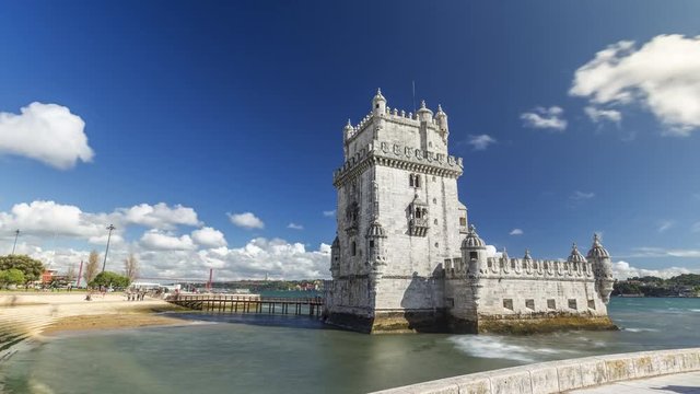 Motion timelapse (hyperlapse) of the Belem tower of Lisbon, Portugal. April, 2017