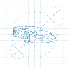 The design of the car drawing on a white background, blue print vector illustration.