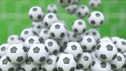 Fototapeta na wymiar Falling football balls against green field background. 3D rendering