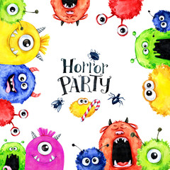 Hand drawn square frame with watercolor funny monster heads. Celebration illustration. Cartoon horror party. Funny beasts. Baby background. Can be use in holidays, birthday design, posters. - 169049501