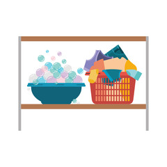 colorful silhouette of rack with bowl with soap detergent and full laundry basket