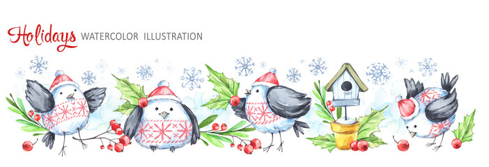 Watercolor horizontal garland. Funny birds, birdhouse, berries, leaves and snowflakes. Cretive New Year. Christmas illustration. Can be use in winter holidays design, posters, invitation. - 169049917