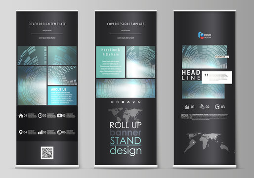 Set of roll up banner stands, flat design templates, abstract business concept, corporate vertical vector flyers, flag layouts. Technology background in geometric style made from circles.