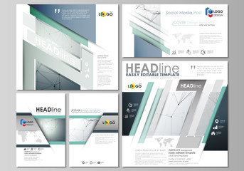 Social media posts set. Abstract design templates, vector layouts in popular formats. Genetic and chemical compounds. Atom, DNA and neurons. Medicine, chemistry, science concept. Geometric background.