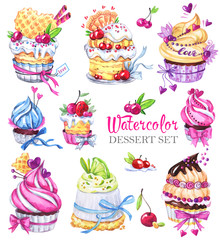 Watercolor tasty dessert set. Original hand drawn illustration. Colorful tasty picture. Lovely...