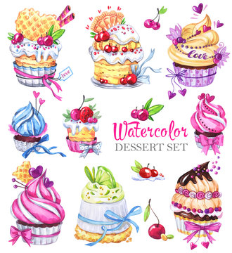 Watercolor tasty dessert set. Original hand drawn illustration. Colorful tasty picture. Lovely sweet collection for you create.