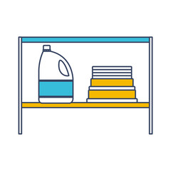color blue and yellow sections silhouette of rack with bleach clothes bottle and folded towels