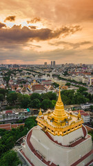  'Golden Mountain '  Wat Saket Ratcha Wora Maha Wihan popular Bangkok tourist attraction , Landmarks of bangkok Thailand .  top view