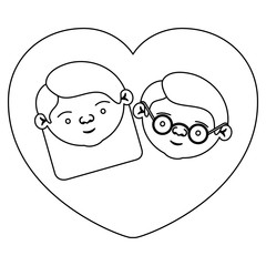 silhouette heart shape greeting card with caricature face of grandfather with glasses and grandmother with straight medium hair