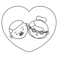 silhouette heart shape greeting card with caricature face of grandfather with mustache and grandmother with collected hair with glasses