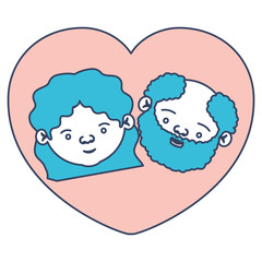 color sections silhouette of heart shape greeting card with caricature face of grandfather with beard and grandmother with wavy hair