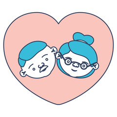 color sections silhouette of heart shape greeting card with caricature face of grandfather with mustache and grandmother with collected hair with glasses