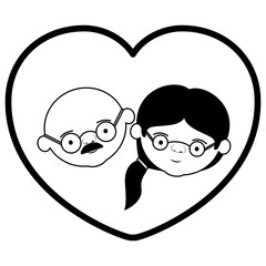 black thick contour of heart shape greeting card with caricature face of bald grandfather with glasses and grandmother with ponytail side hair