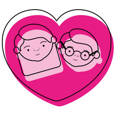 watercolor pink silhouette of heart shape greeting card with caricature face of grandfather with glasses and grandmother with straight medium hair