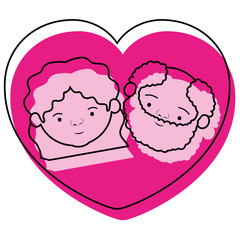 watercolor pink silhouette of heart shape greeting card with caricature face of grandfather with beard and grandmother with wavy hair