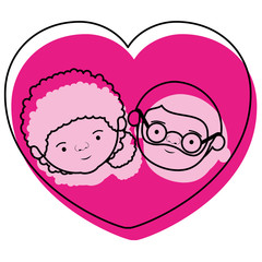 watercolor pink silhouette of heart shape greeting card with caricature face of grandmother with side bun hair and bearded grandfather with glasses