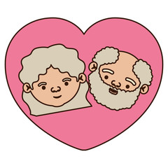 color pink heart shape greeting card with caricature face of grandfather with beard and grandmother with wavy hair