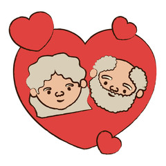 color red heart shape greeting card decorative with caricature face of grandfather with beard and grandmother with wavy hair