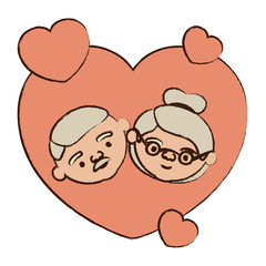 color heart shape greeting card decorative with caricature face of grandfather with mustache and grandmother with collected hair with glasses