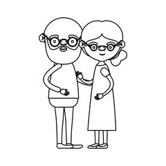 sketch silhouette full body couple elderly of bald grandfather with beard and glasses with grandmother with bun side hair in dress