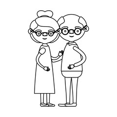 sketch silhouette full body couple elderly of grandmother with collected hair in dress and bald grandfather with glasses