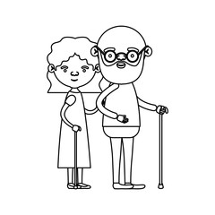 sketch silhouette full body couple elderly in walking stick of grandmother with wavy hair in dress and bald bearded grandfather with glasses