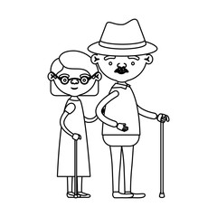 sketch silhouette full body couple elderly in walking stick of grandmother with short hair in dress and grandfather with hat and moustache
