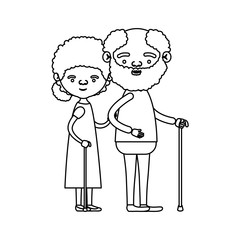 sketch silhouette full body couple elderly in walking stick of grandmother with curly bun hair in dress and grandfather with beard