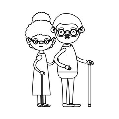 sketch silhouette full body couple elderly in walking stick of grandmother with curly collected hair in dress and grandfather with beard and glasses