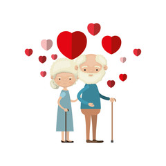 colorful caricature full body elderly couple embraced with floating hearts bearded grandfather in walking stick and grandmother with bun hair