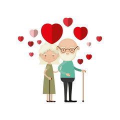 colorful caricature full body elderly couple embraced with floating hearts bearded grandfather in walking stick and grandmother with wavy hair